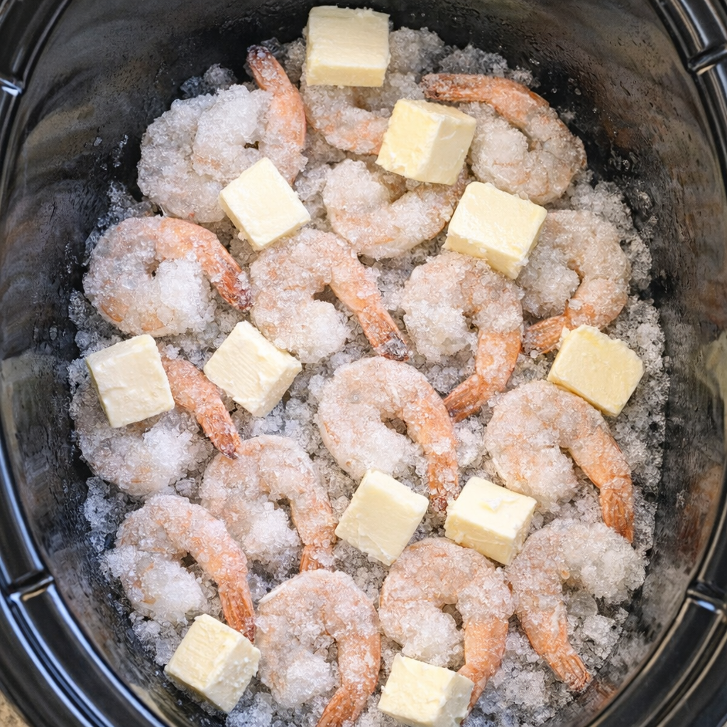 Frozen shrimp layered in a slow cooker with butter on top