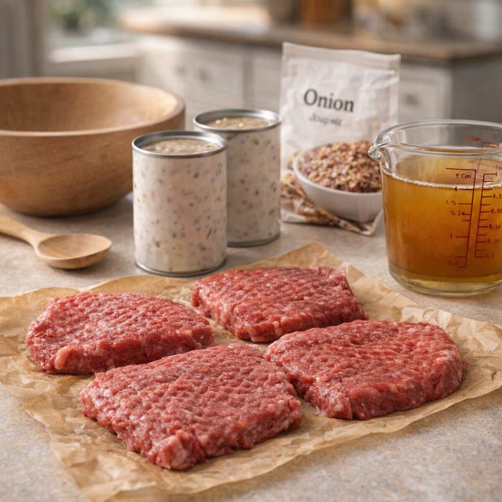 Cube steak and pantry ingredients on kitchen counter