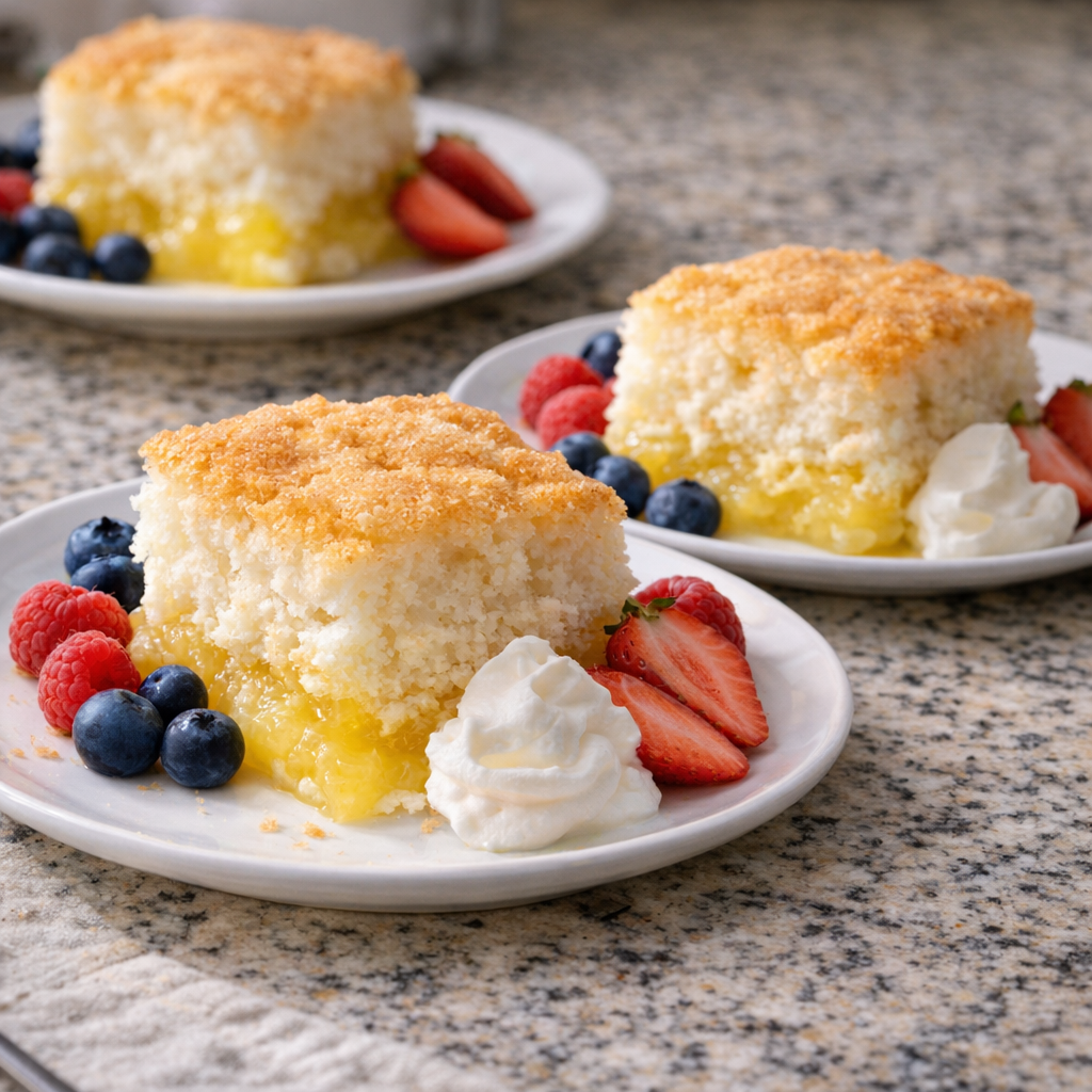 Lemon angel food cake squares topped with whipped cream and berries