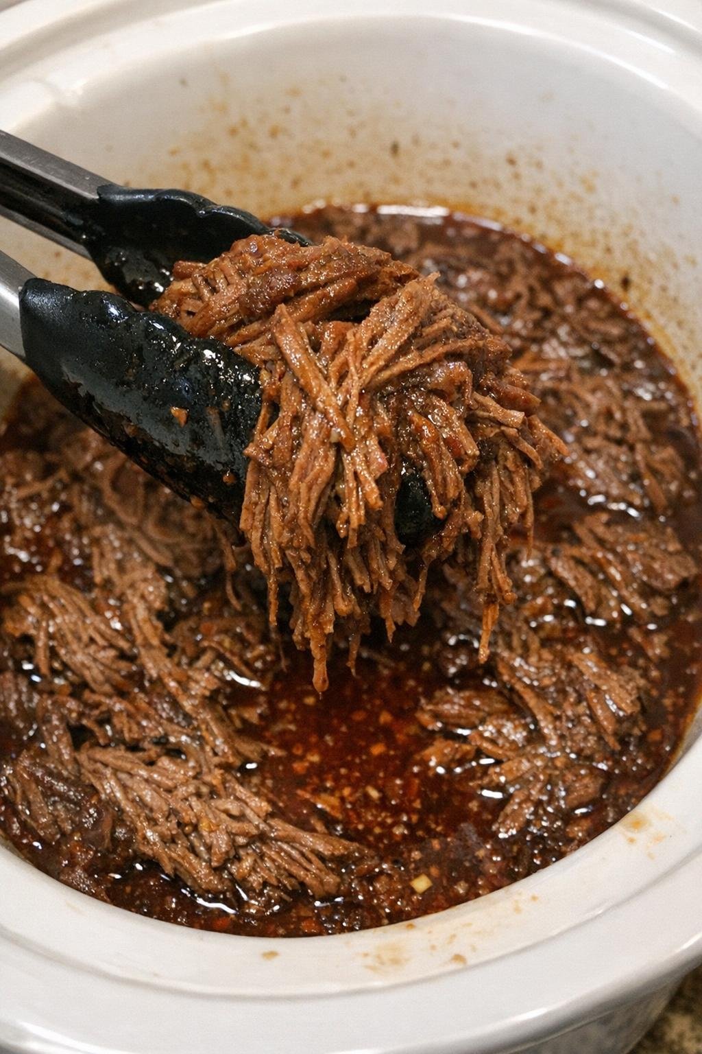 Slow cooker shredded beef in a white crock