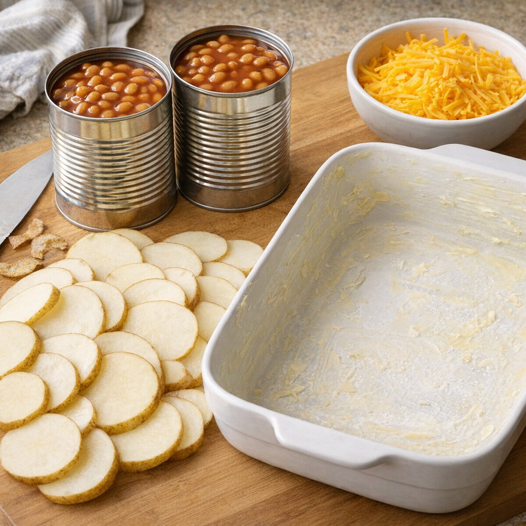 Sliced russet potatoes, canned baked beans, and shredded cheddar arranged for prep