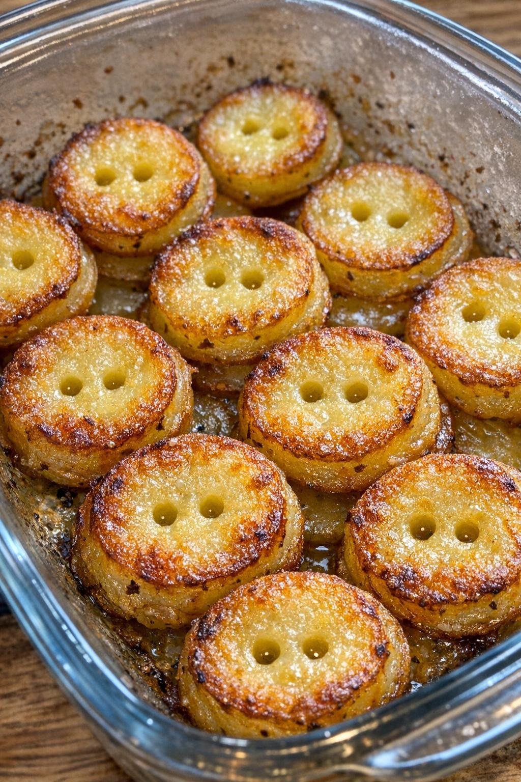 Close-up of crispy potato buttons baked in a glass casserole dish