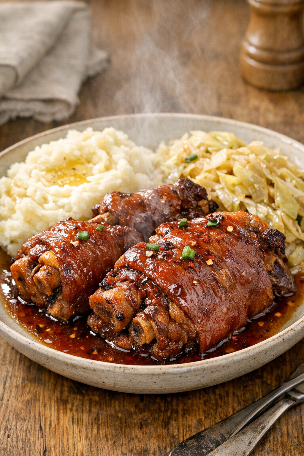 Finished firecracker pork hocks plated with sauce