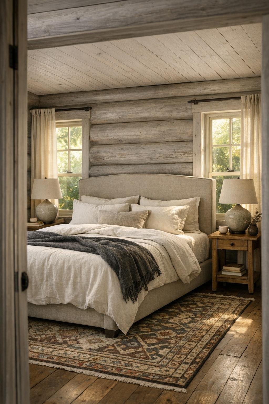 Bedroom with flax linen upholstered bed, soft log walls, natural curtains, and a vintage wool rug