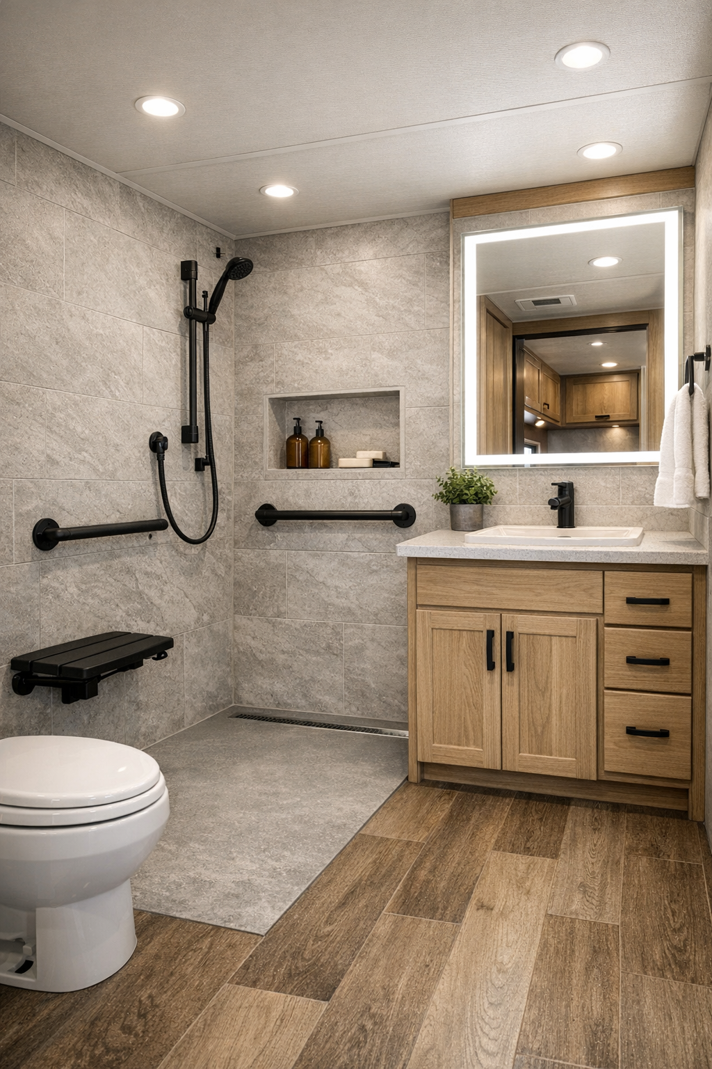 Accessible RV camper bathroom with curbless shower and stone-look finishes