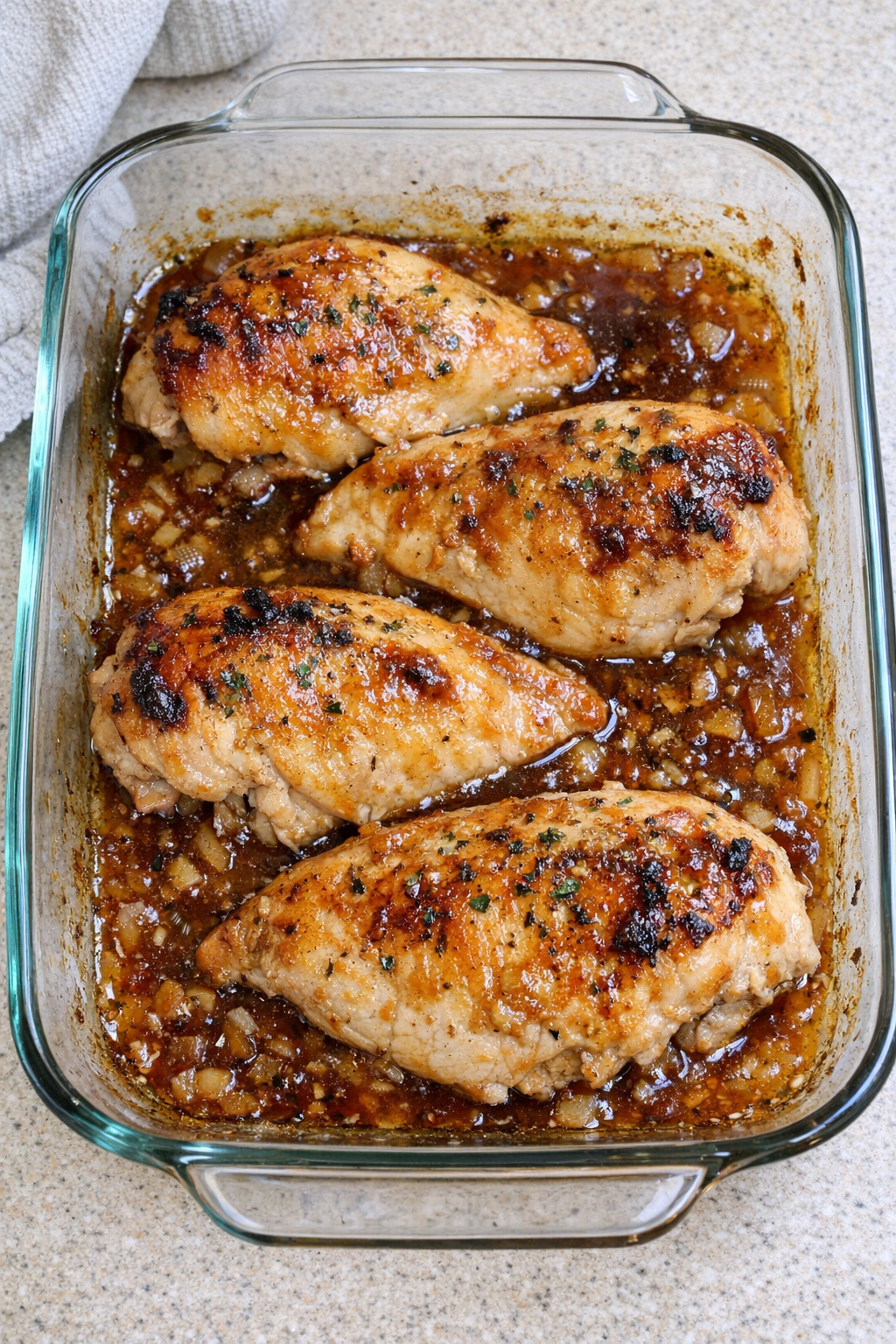 Finished baked split chicken breasts in glass casserole dish