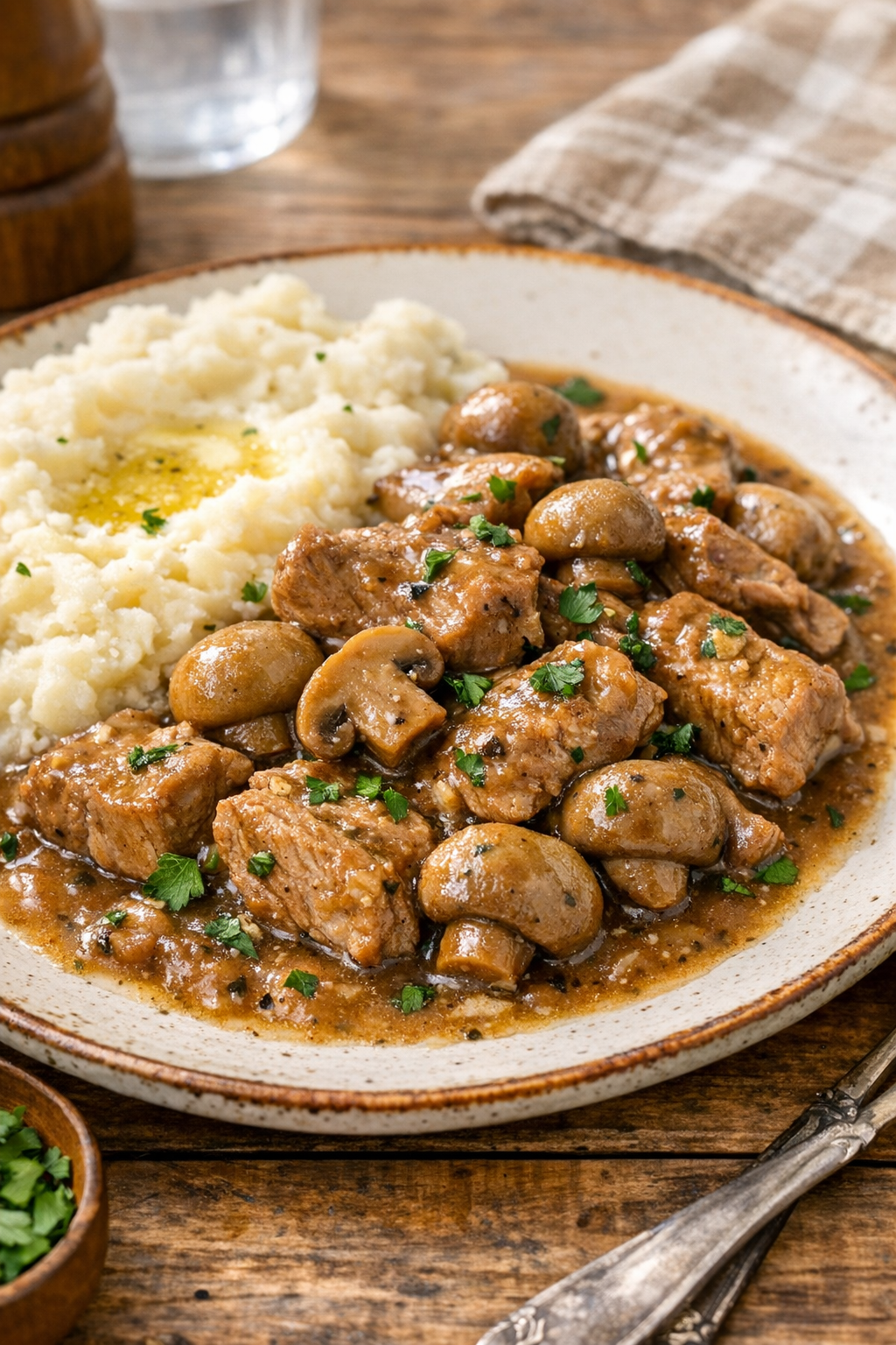 Finished mushroom pork plated with gravy