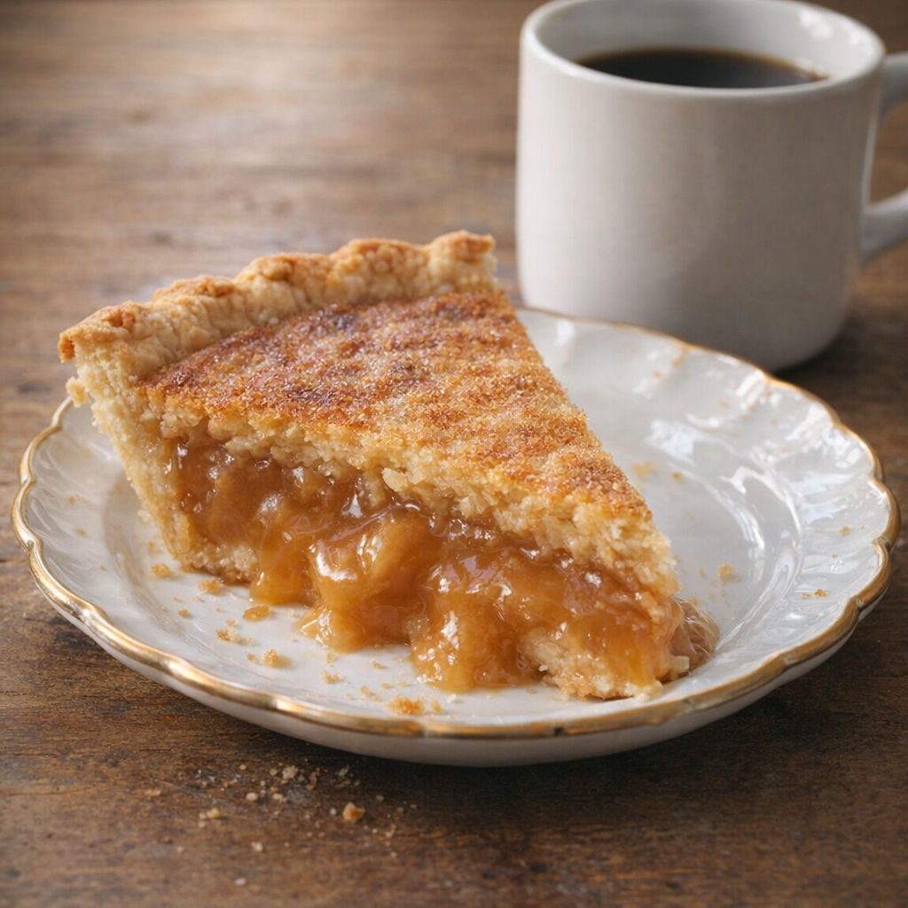 Slice of caramel pie served with coffee on a rustic table