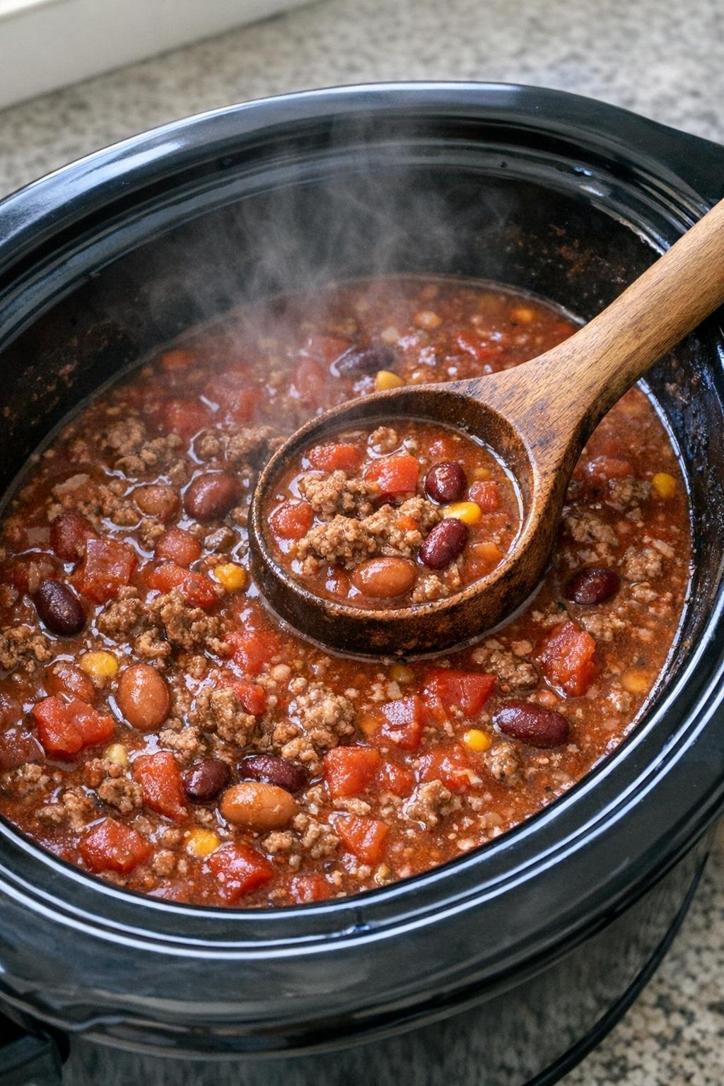 Hearty soup in a black slow cooker