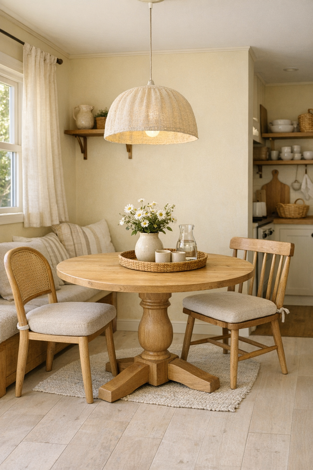Accessible tiny home dining area with a round pedestal table, light wood finishes, and soft warm lighting