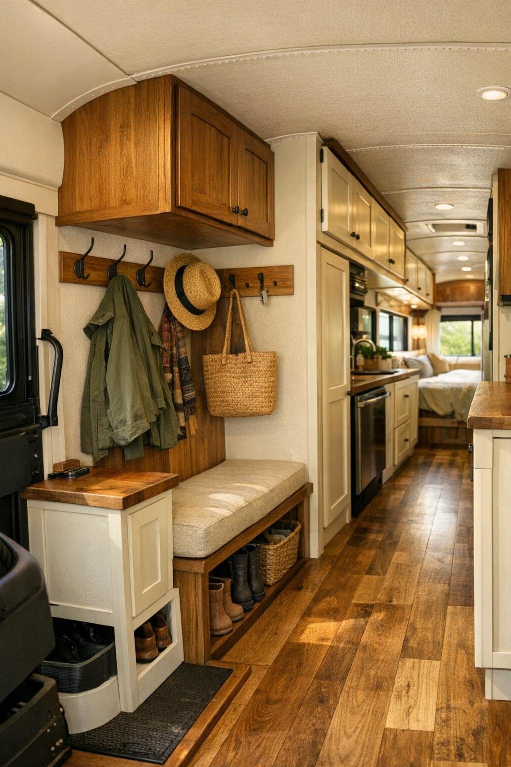 Functional bus entry and hallway with built-in storage and bright open aisle