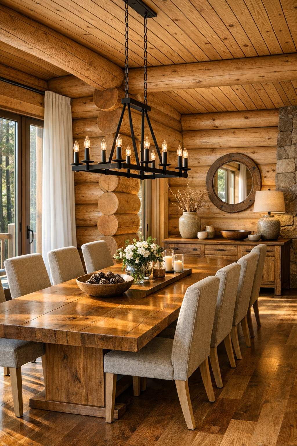 Dining room with solid wood table, upholstered chairs, and black metal chandelier