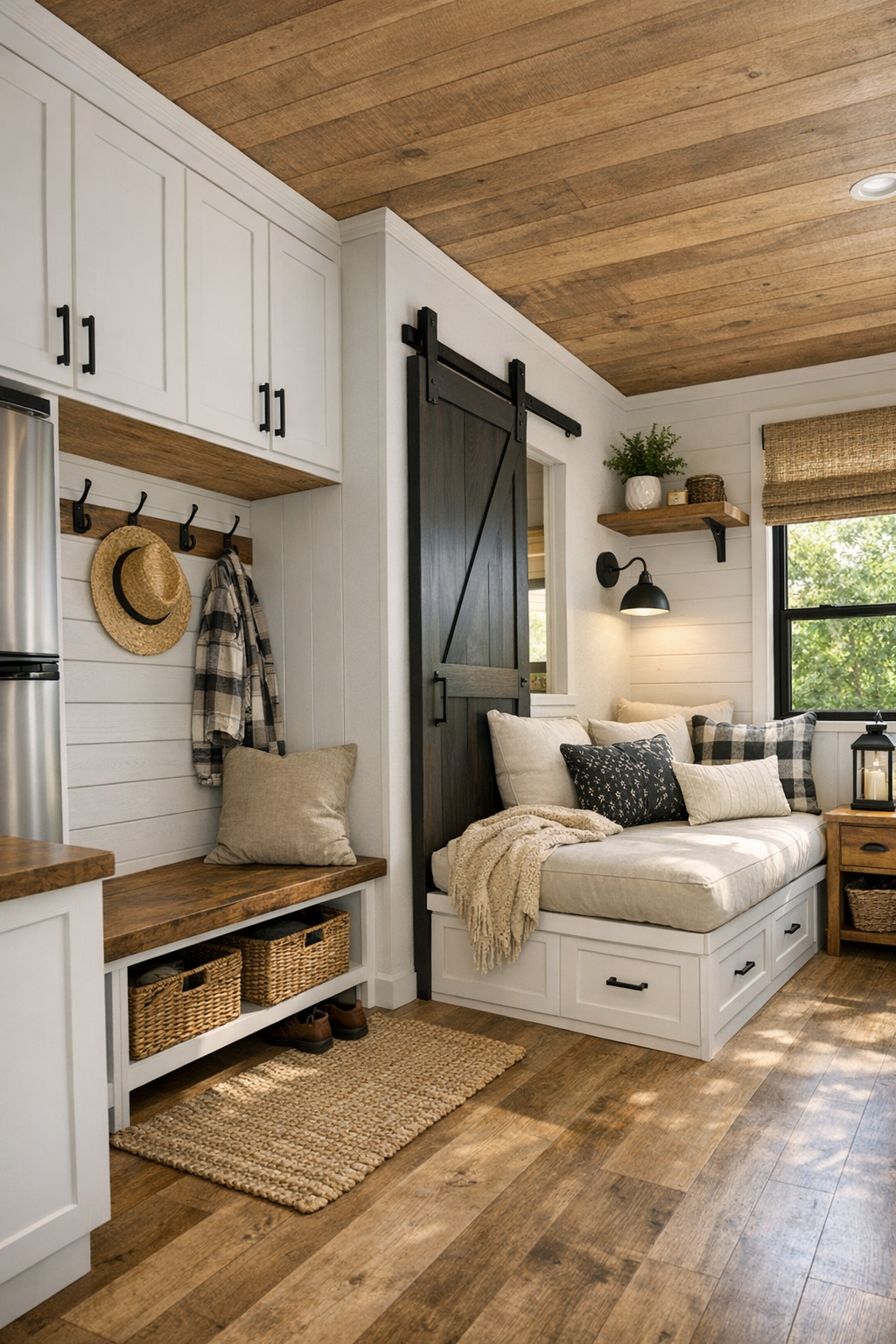 Farmhouse RV bonus area with built-in storage and cozy nook