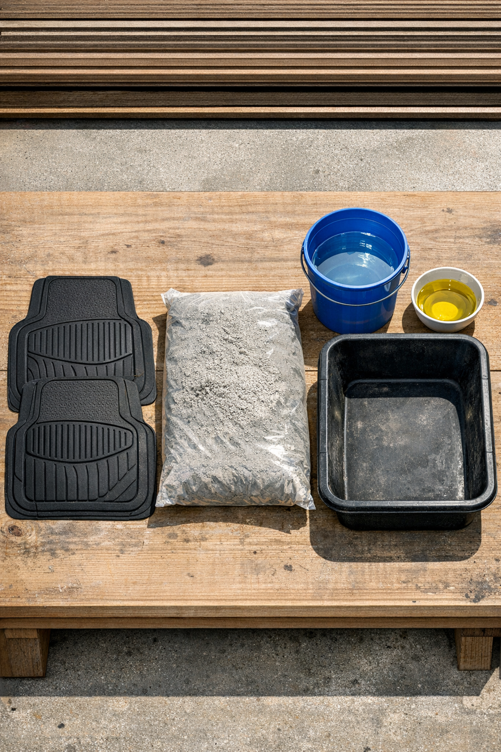 Rubber car floor mats and cement materials laid out for making textured patio slabs