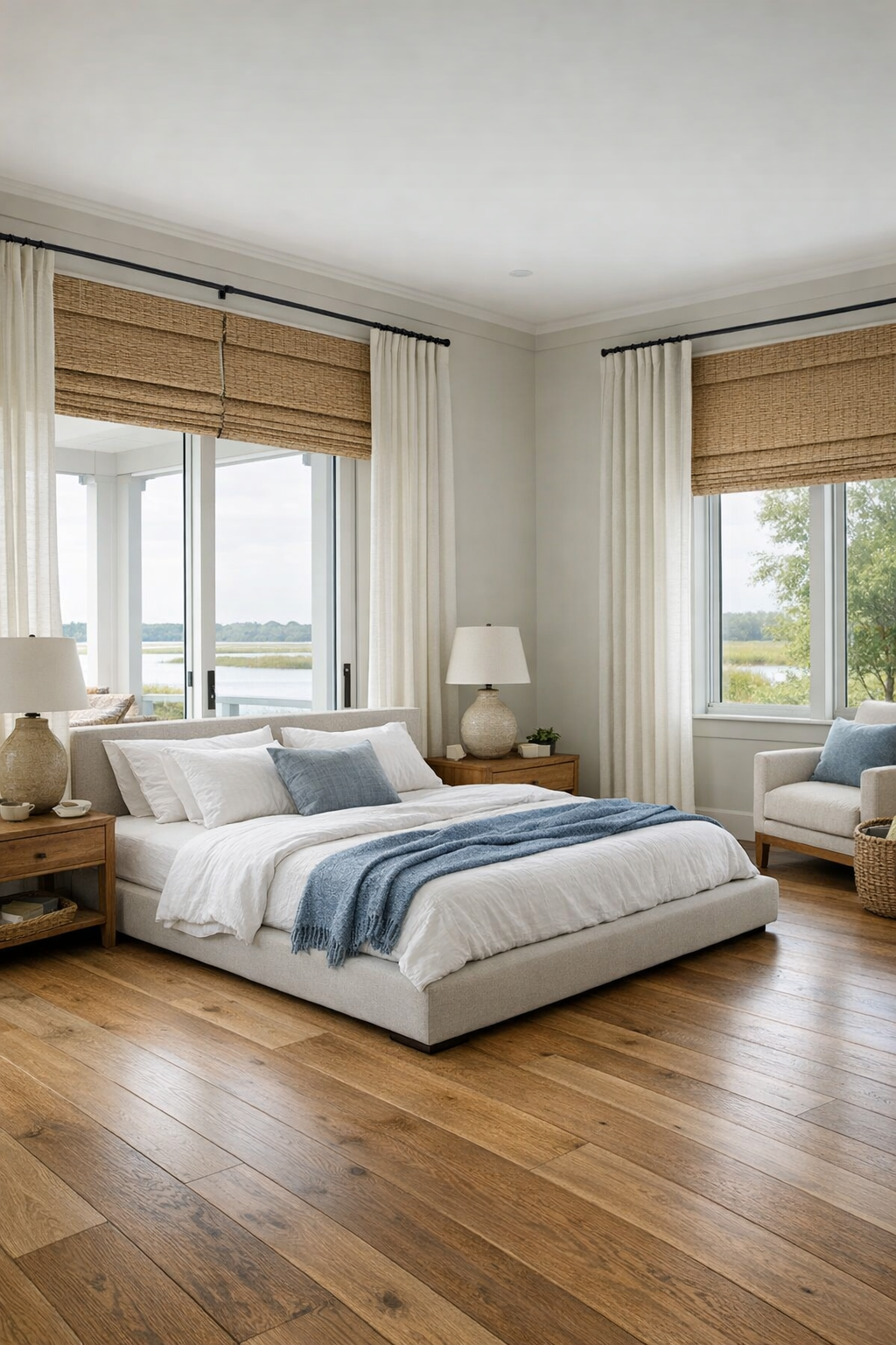 Serene coastal bedroom with soft linens, wide walkways, and light wood details