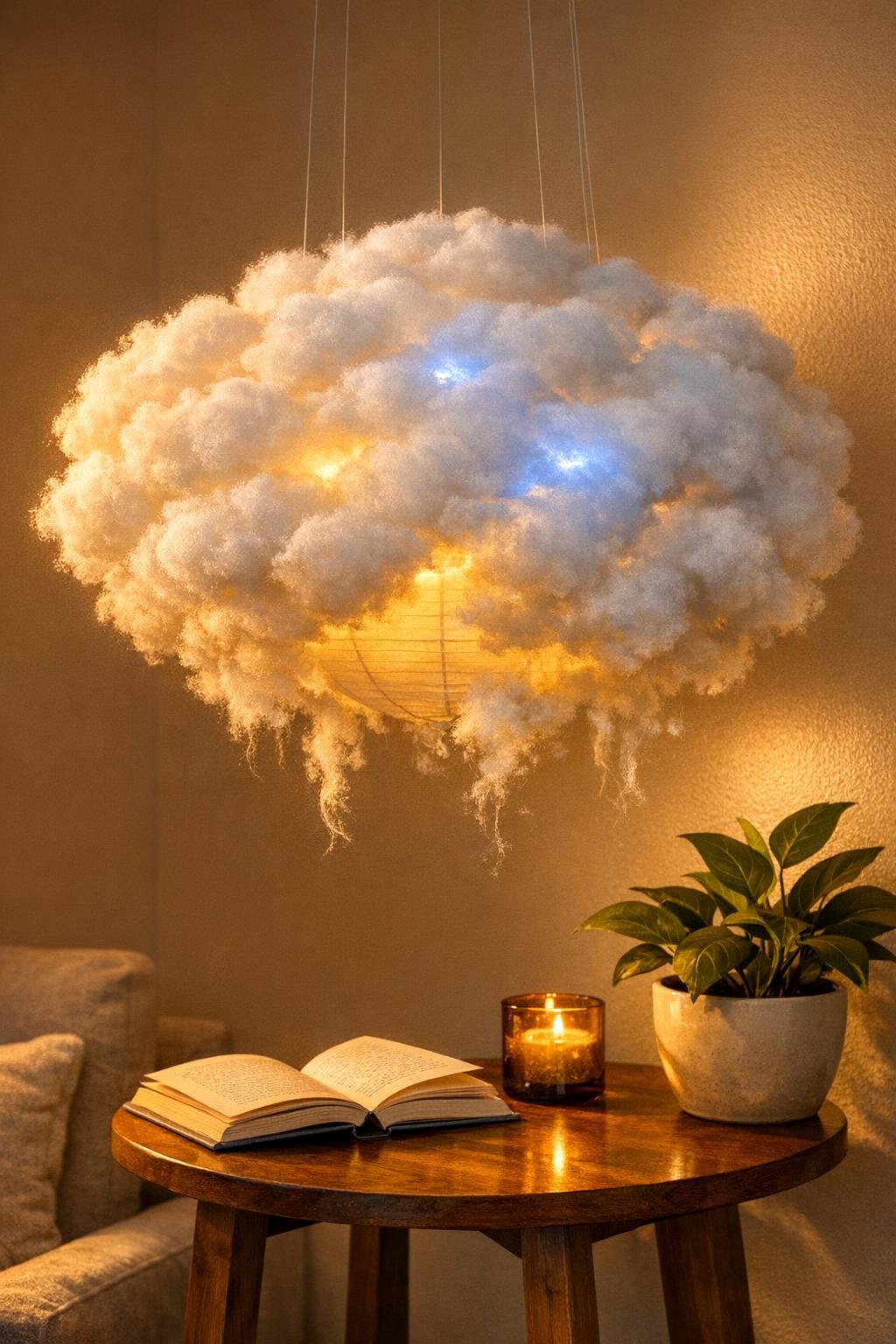 Finished glowing thundercloud lamp hanging from the ceiling