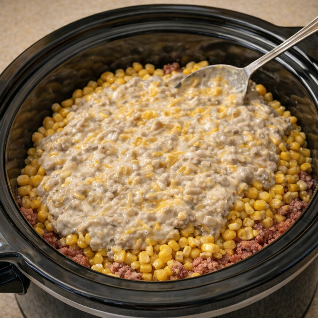 Creamy soup and cheese mixture spread over the casserole before cooking