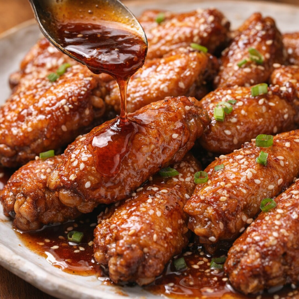 Reduced glossy sauce spooned over cooked wingettes