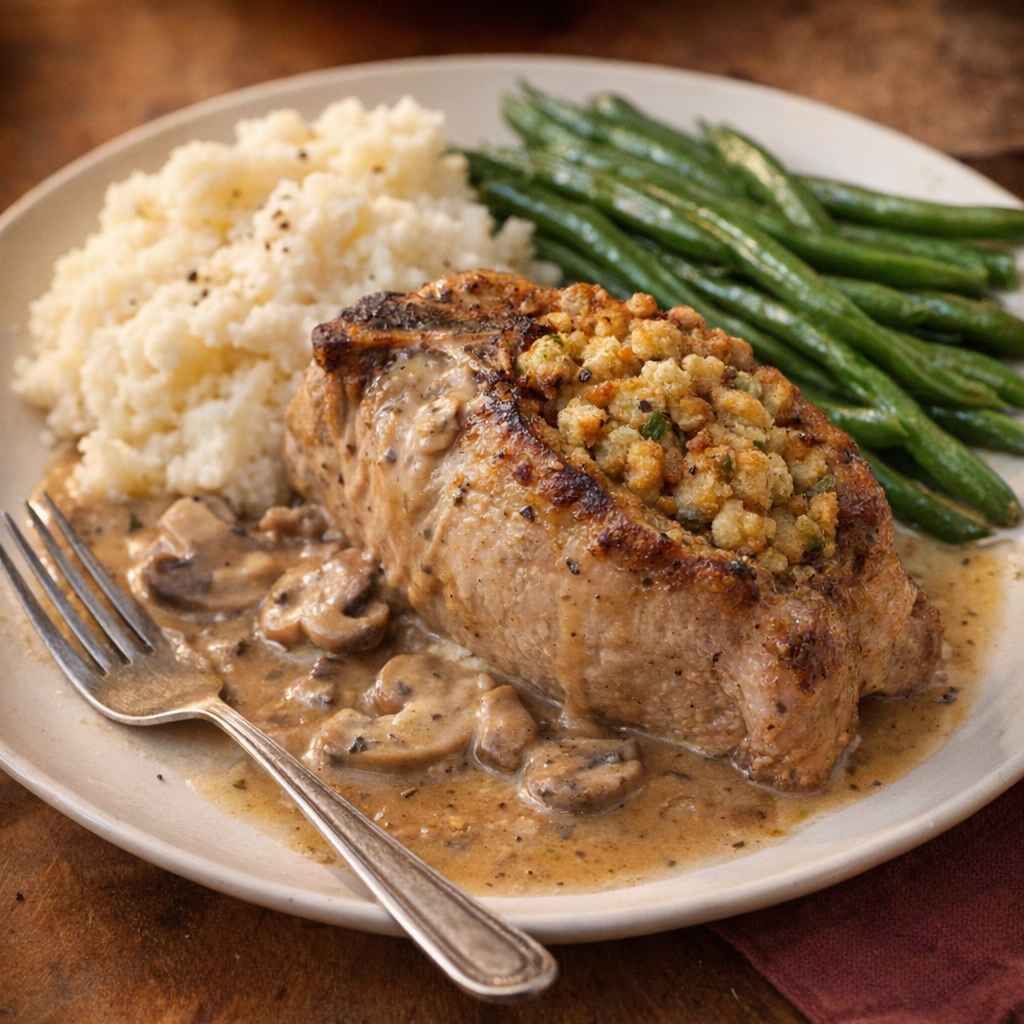 Plated stuffed pork chop with creamy pan juices