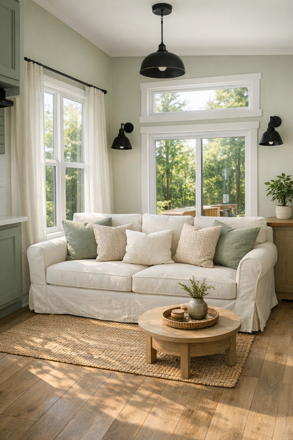 Bright cozy living room in a sage green park model RV with ivory sofa and light wood finishes