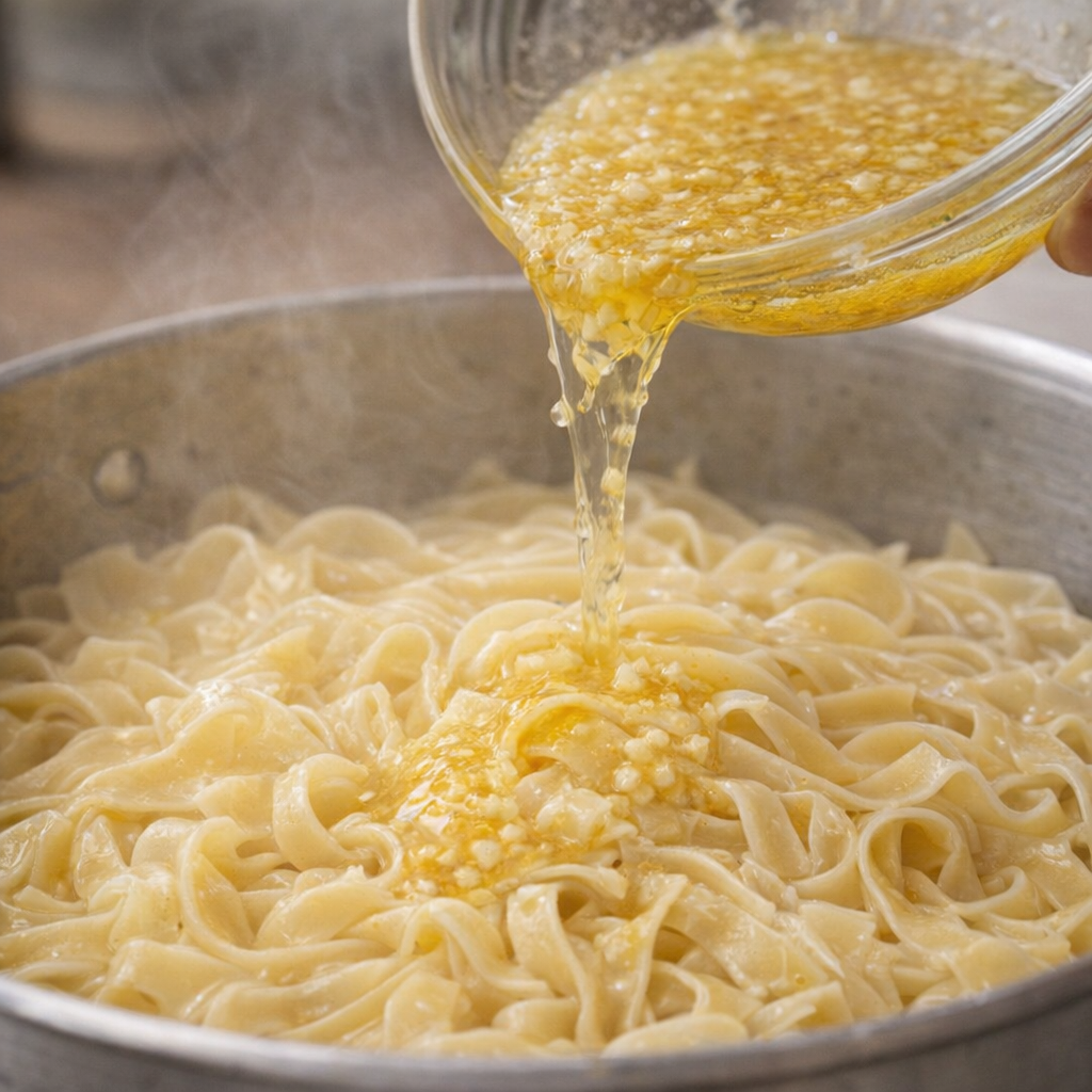 Garlicky butter being poured over warm egg noodles