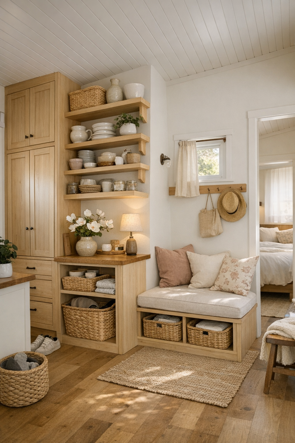 Tiny home multiuse area with built-in storage, a bench nook, and pale wood millwork