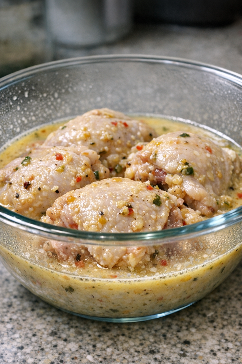 Marinated chicken thighs after overnight refrigeration in a glass bowl