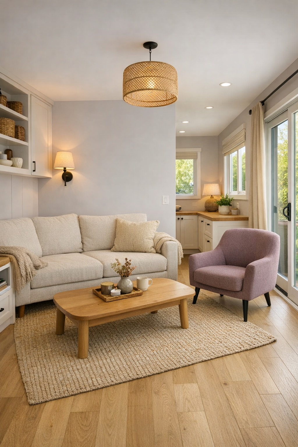 Soft heather living room with light oak floors, an oatmeal sofa, and layered lighting