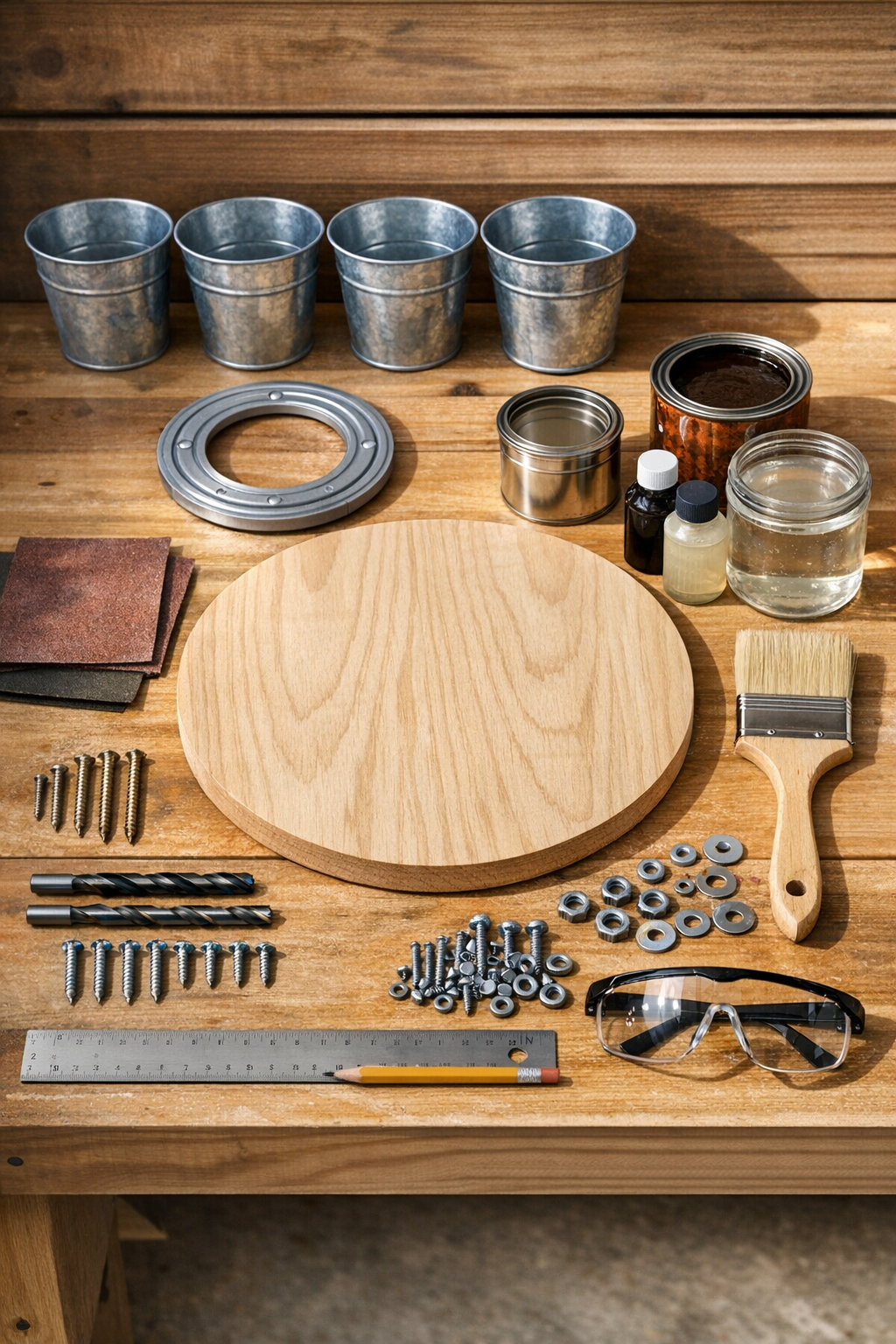 Materials for a galvanized bucket lazy Susan utensil caddy laid out on a work surface