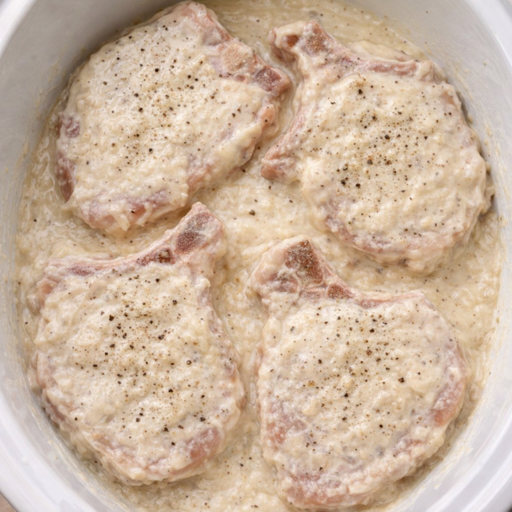 Pork chops in slow cooker covered with creamy sauce before cooking