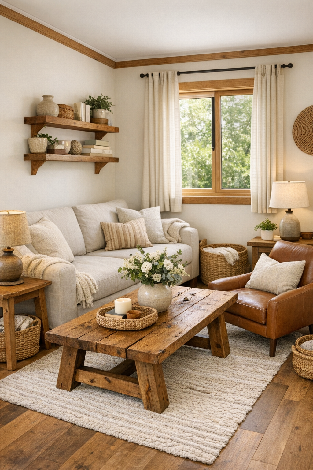Cozy tiny home living room with cream walls, oak woodwork, and a linen sofa