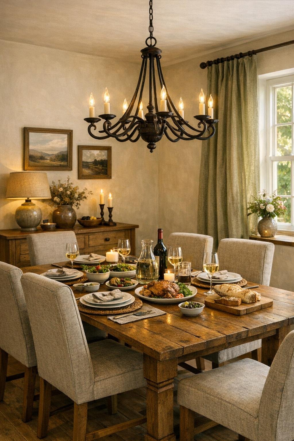 Cozy cottage dining room with a solid wood table and flax upholstered chairs