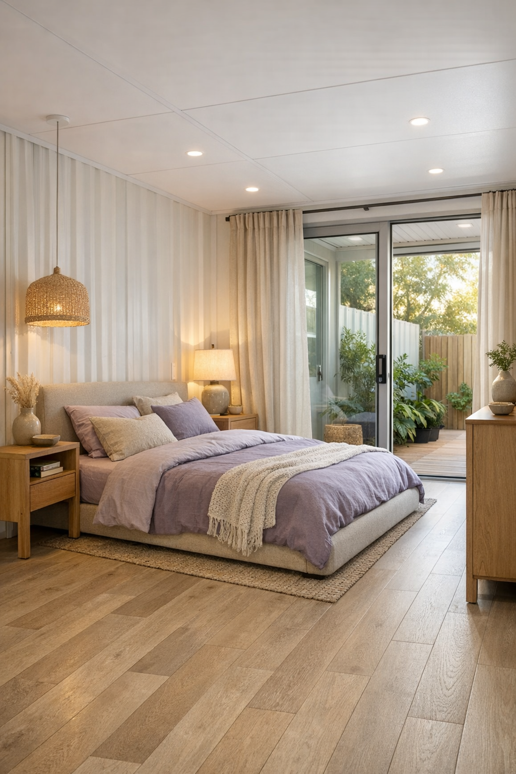 Calm bedroom with lilac bedding, upholstered bed, and light wood accents