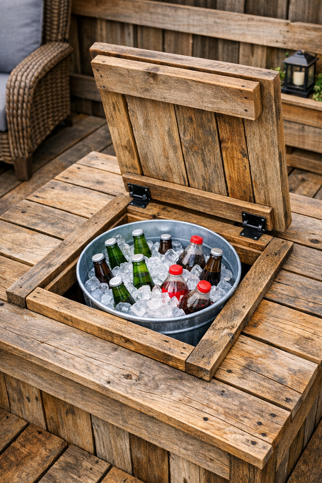 Finished floating deck cooler built into weathered pallet boards