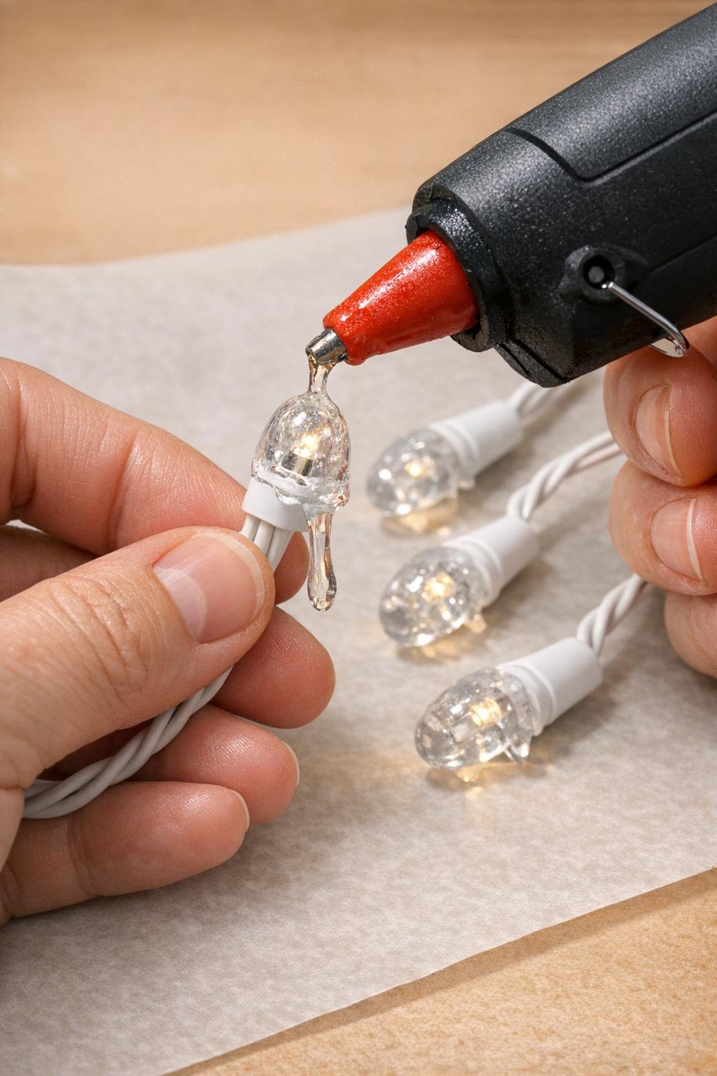 Hot glue being applied over a clear mini light bulb