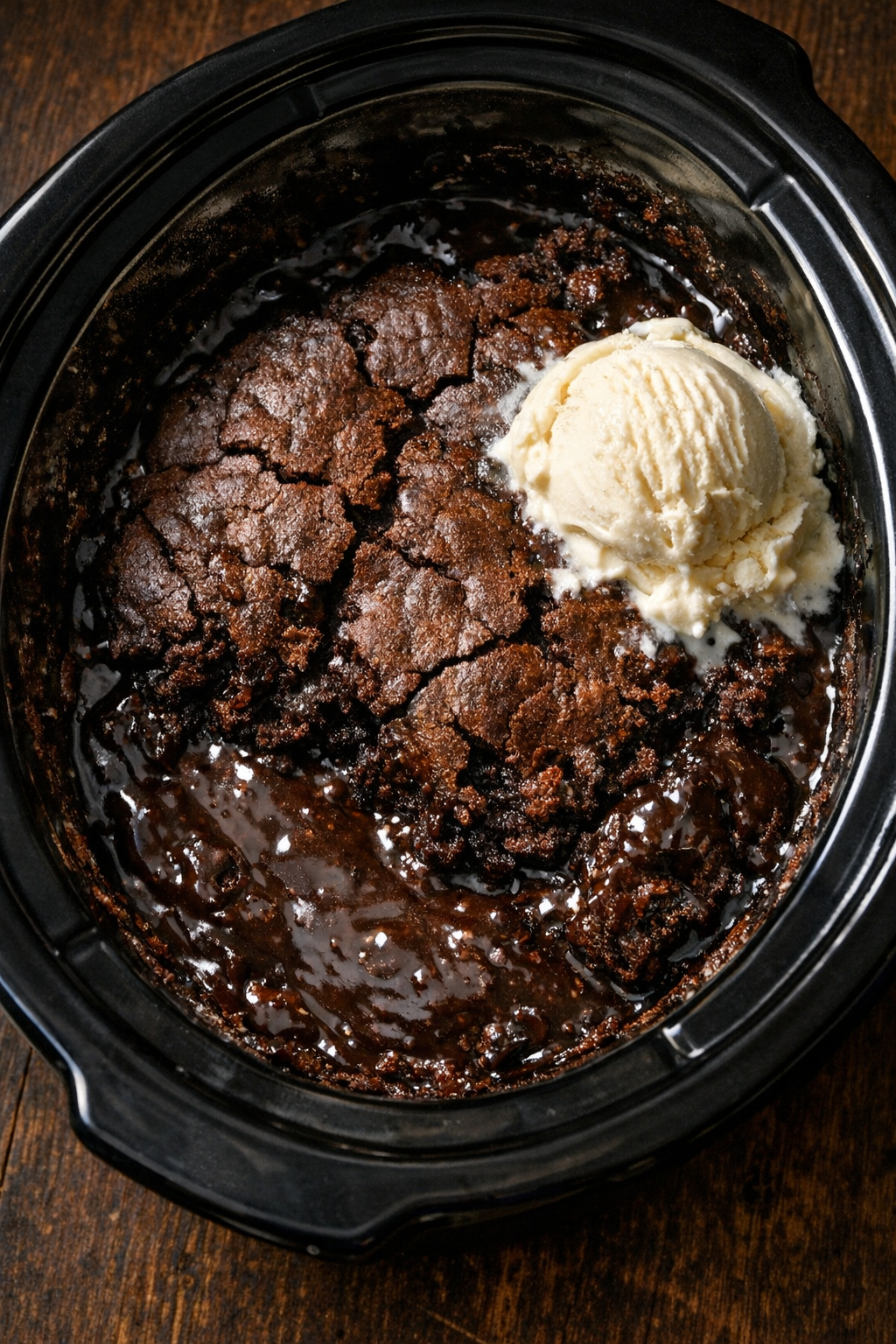Finished dark chocolate fudge cobbler in a black slow cooker