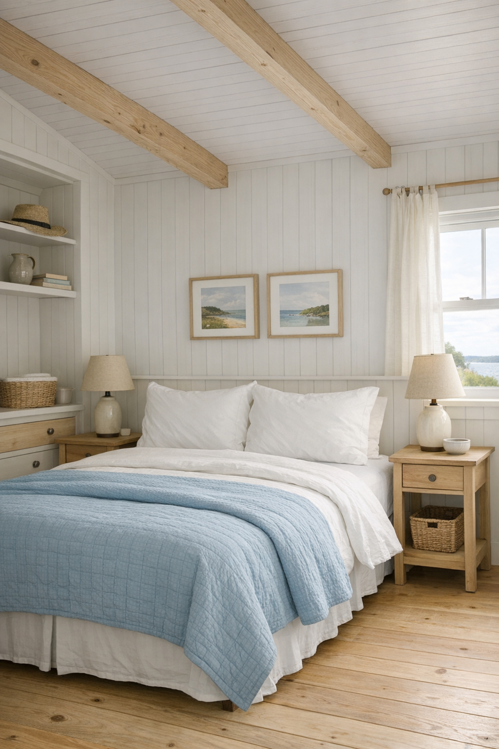 Serene coastal cottage bedroom with white linens and soft blue accents
