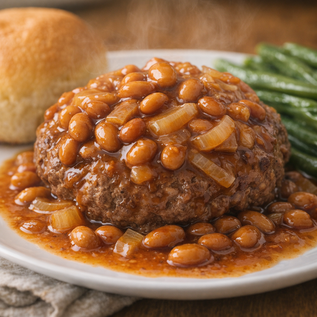 Served portion of casserole with beans and onions