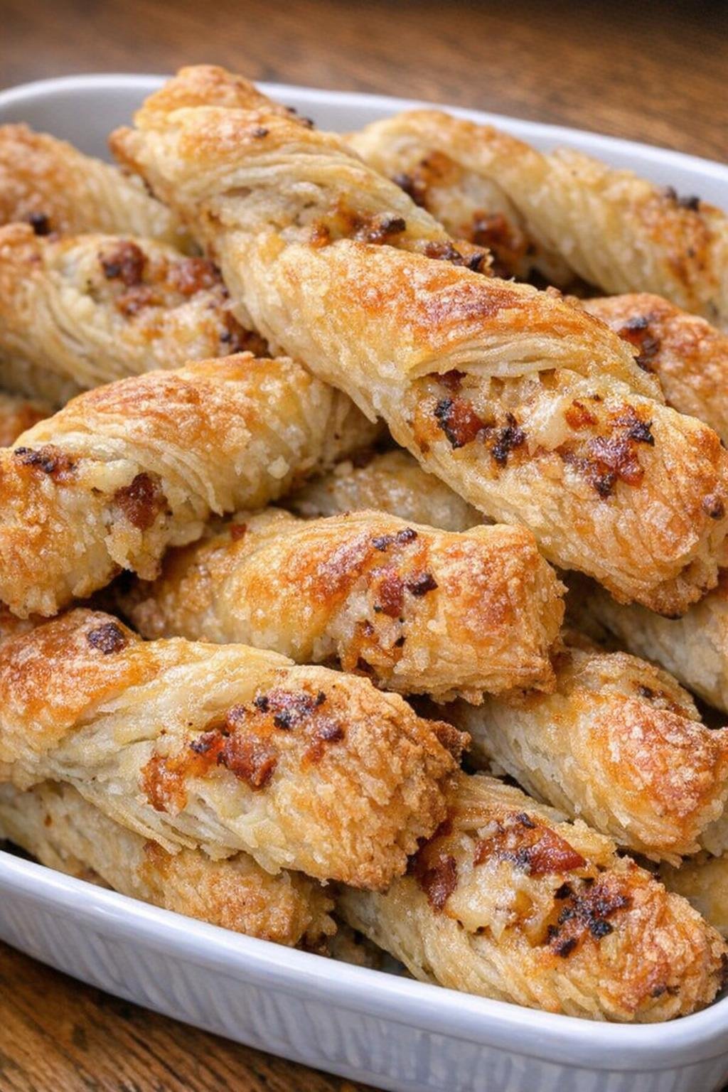 Golden flaky savory pastry twists piled in a serving dish