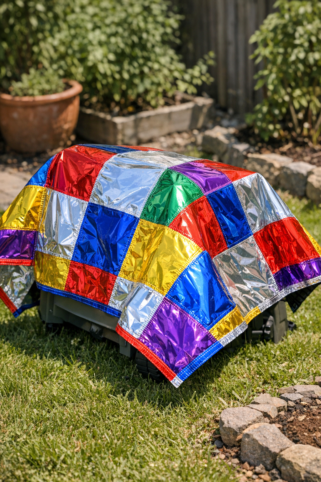 Finished weather-proof tarp made from mylar party balloons covering equipment