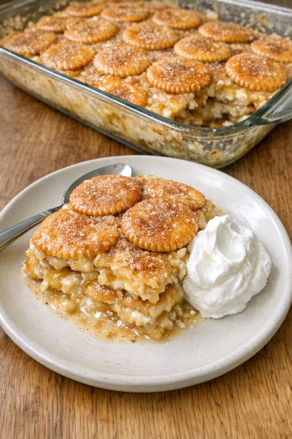 Finished baked cracker dessert in a 9x13 dish
