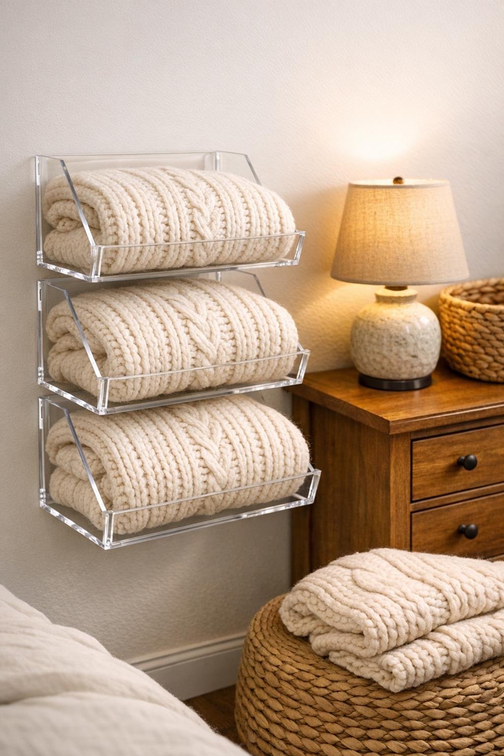 Finished acrylic sweater shelf in a small bedroom