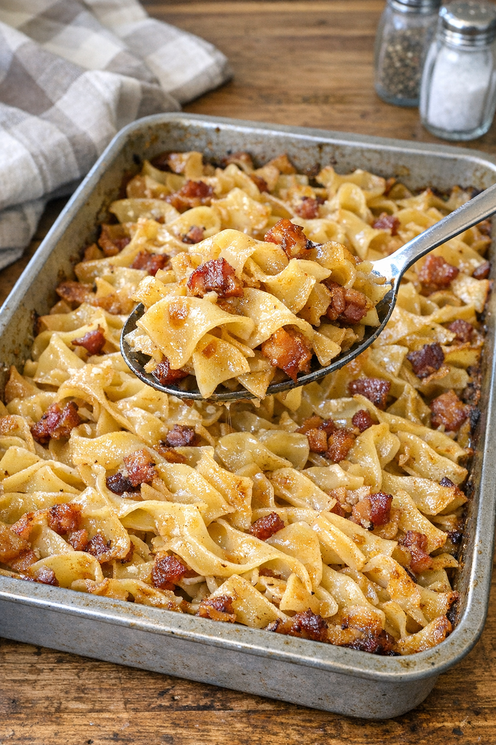 Finished baked maple bacon noodles in a casserole dish
