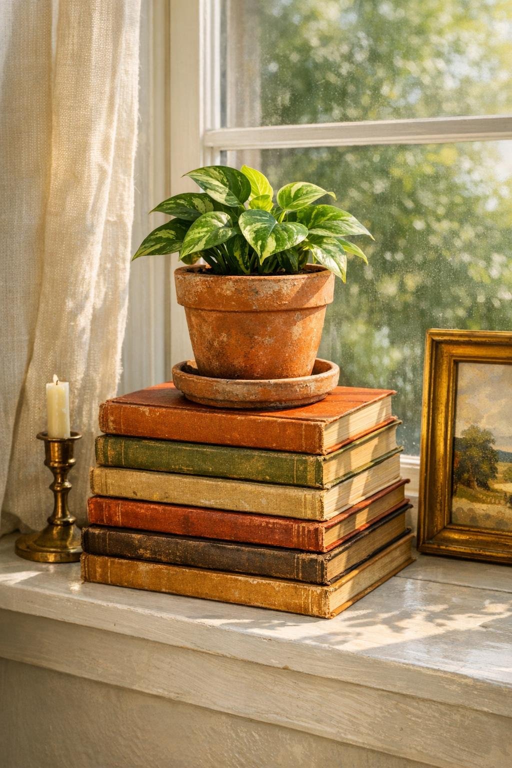 Finished book-stack plant riser on a living room windowsill