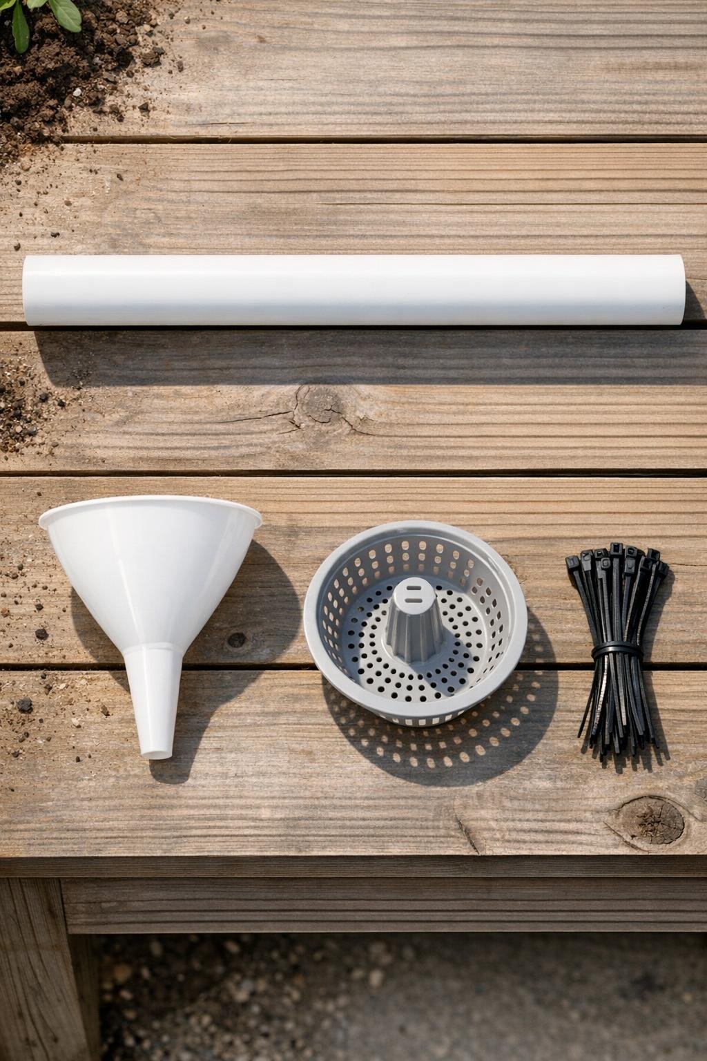 Materials laid out for a PVC compost aeration tower