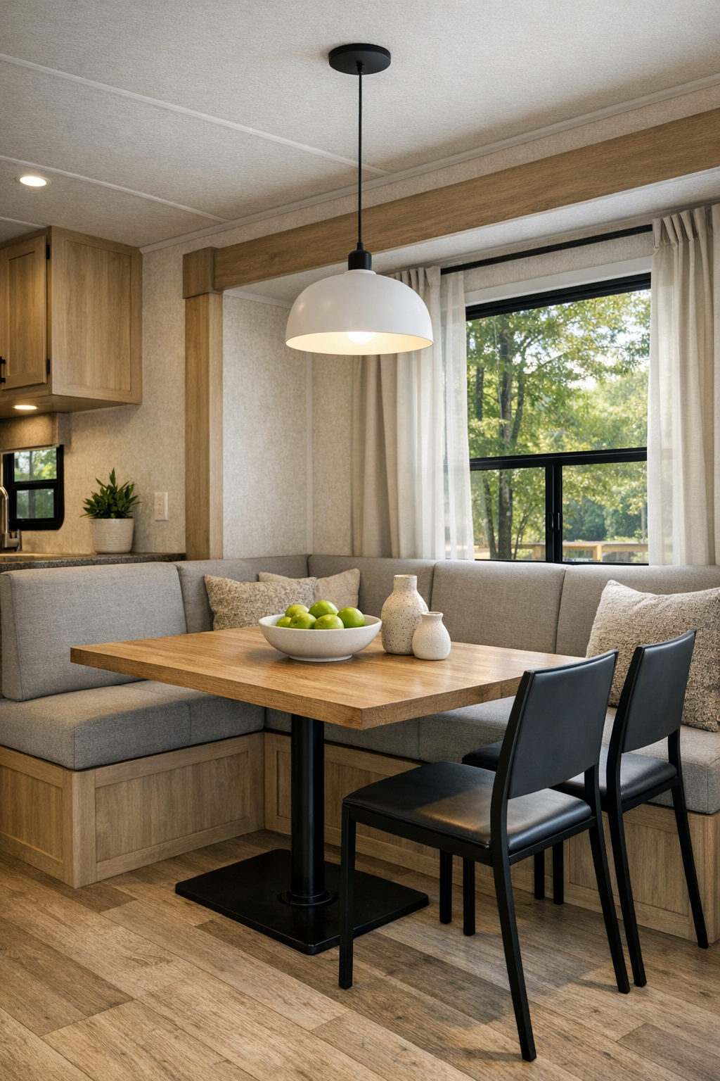 Compact modern dining area with banquette seating and a wood table by the window