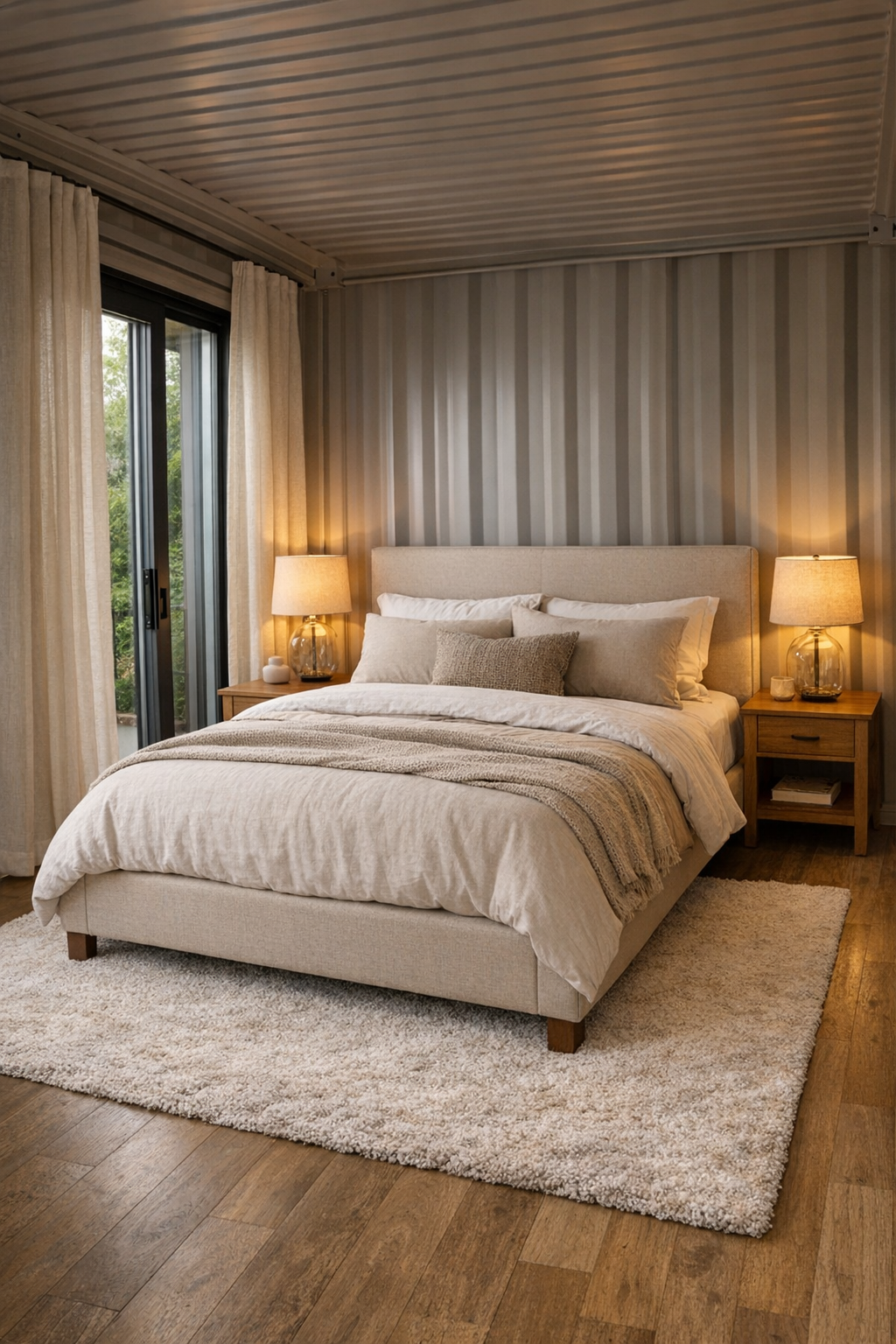 Serene bedroom with upholstered bed, layered neutrals, and soft natural light