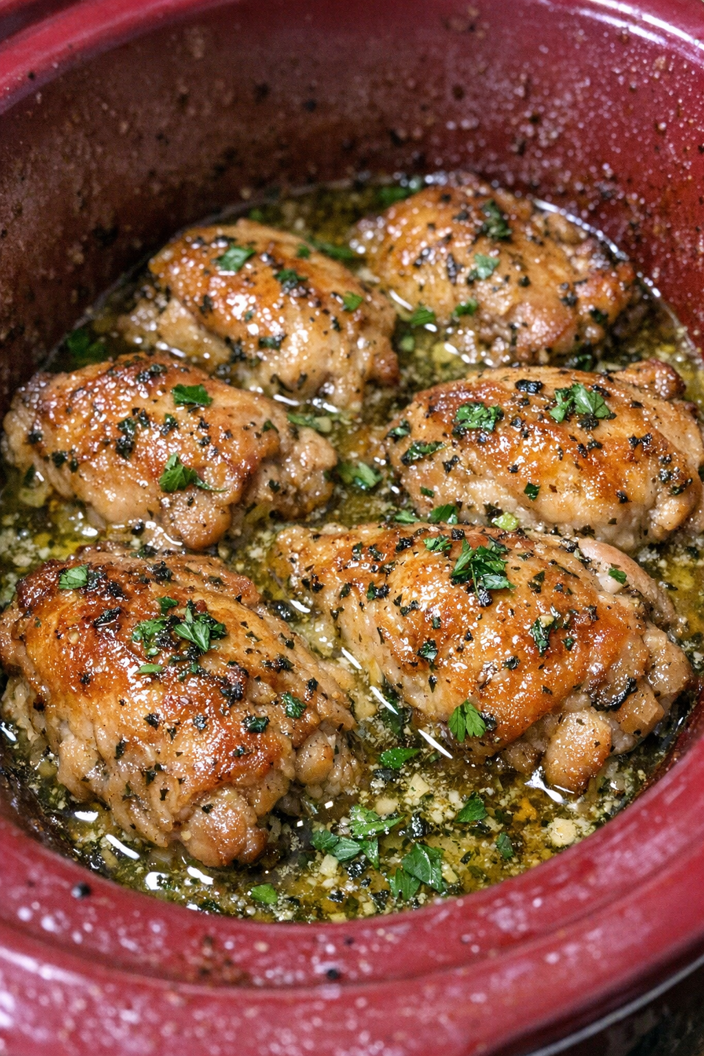 Slow cooker Amish herb butter chicken in a red slow cooker