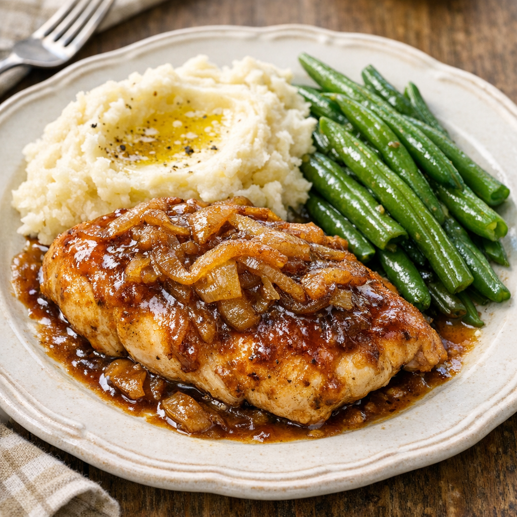 Plated baked chicken commodore with mashed potatoes and green beans