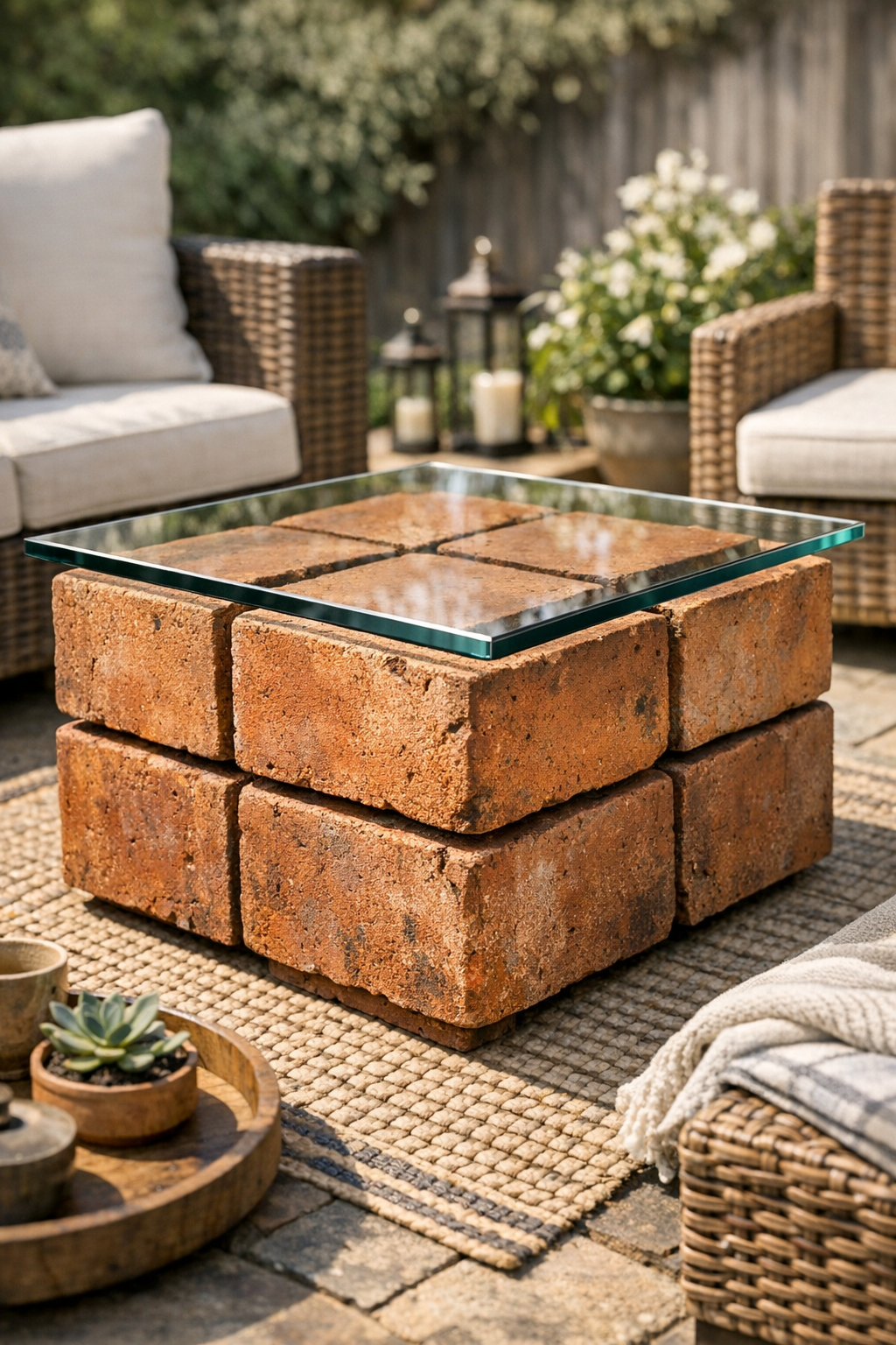 Finished outdoor coffee table made from terracotta flue tiles and a tempered glass top